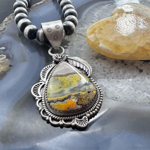 Sterling Silver Southwestern Style Teardrop Bumblebee Jasper Decorated Pendant - Picture 5 of 10